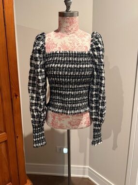 H&M Black & White Smocked Puff-Sleeve Plaid Top